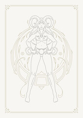 Aries woman zodiac line art deco horoscope symbol contour antique poster card design vector