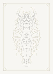 Cancer woman zodiac symbol astrology horoscope line art deco poster design vector illustration