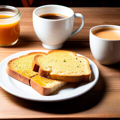 IA Slice of bread with honey on a white plate on wooden table