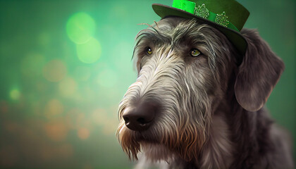 Irish Wolfhound  in a green hat ,Saint Patrick's day party concept generative AI