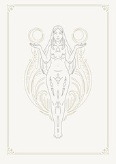 Libra woman zodiac mythology astrological fortune symbol line art deco poster design vector