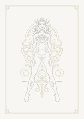 Fototapeta na wymiar Scorpio woman goddess zodiac mythic horoscope astrology line art deco poster design vector