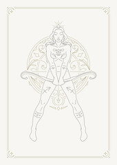 Fototapeta na wymiar Sagittarius woman zodiac mythology astrological horoscope symbol line art deco poster design vector