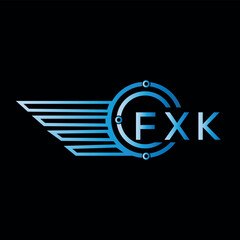 FXK letter logo. FXK blue vector image on black background. FXK technology Monogram logo design and best business icon.
