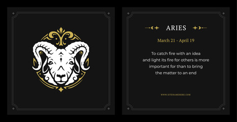 Aries zodiac vintage card design template set horoscope fortune description vector illustration © provectors