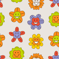 Naklejka premium Smiling flower, abstract personage, mascot design, funny face, cute icon