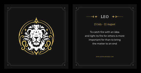 Leo zodiac astrology description horoscope vintage card design template set vector illustration