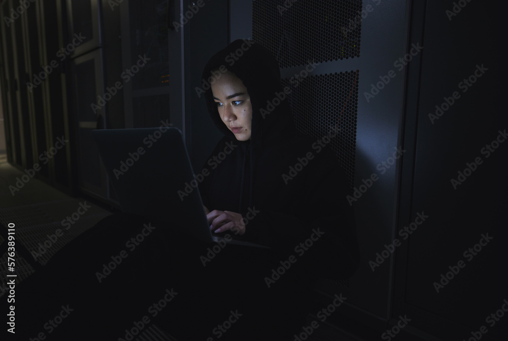 Aufkleber Night, hacker and programming with woman and laptop for coding, software and cyber security. Ransomware, phishing and developer with girl programmer in server for database, network and digital crimes