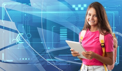 Child using tablet computer with digital hologram