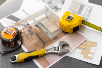 Blueprint and architectural tools. Construction industry concept