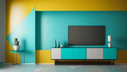 Modern Living room two tone Tv wall, pastel colors interior design
