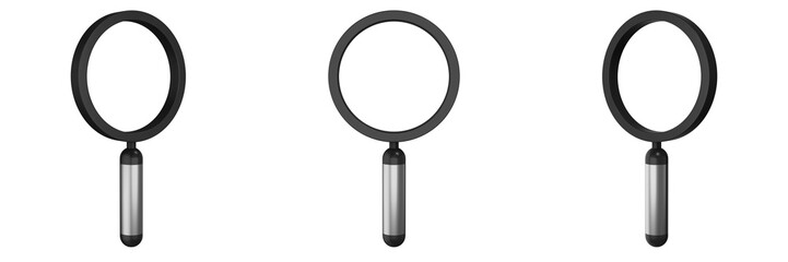 magnifying glass on transparent background, left, front and right view (3d render)