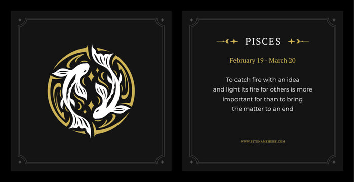Pisces zodiac symbol lunar calendar data description vintage black card design template set vector