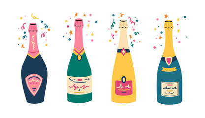 Vector illustration. Champagne bottles of different form and color. Rose and white sparkling wine with colorful designs with stars and confetti around top for celebration. Isolated