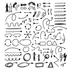 Vector illustration. Hand drawn doodle arrow set. Scribble arrow pointers, rectangles, triangles, circles geometric figures for highlighting. Diverse arrow signs and symbols isolated