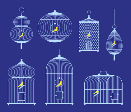 Vector bird cages set with birds inside. Cage silhouettes of different types square, rectangle, arch and round with birds inside isolated