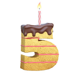 Layered birthday cake with lit candle font 3d rendering number 5