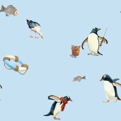 Seamless pattern with penguins, seagull, fish and fishing rods. High quality illustration