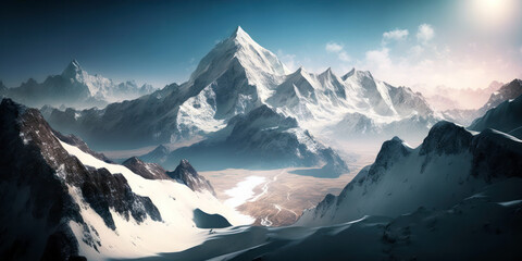 Snowy mountains landscape, snow on mount peaks, blue sky. Generative AI