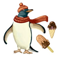 Illustration of funny penguin with ice cream. High quality illustration