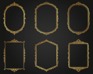 Luxury decorative golden frames. Retro ornamental frame, vintage ornaments & ornate border. Decorative wedding frames, antique museum picture borders or deco dividers. Isolated vector art