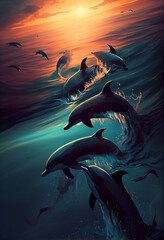 Image of A flock of dolphins frolic in the sea in the rays of the setting sun. AI generated printed on Printed Glass Basin Splashbacks