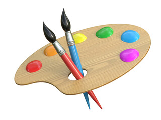 Wooden art palette with paints and es 3d rendering - obrazy, fototapety, plakaty