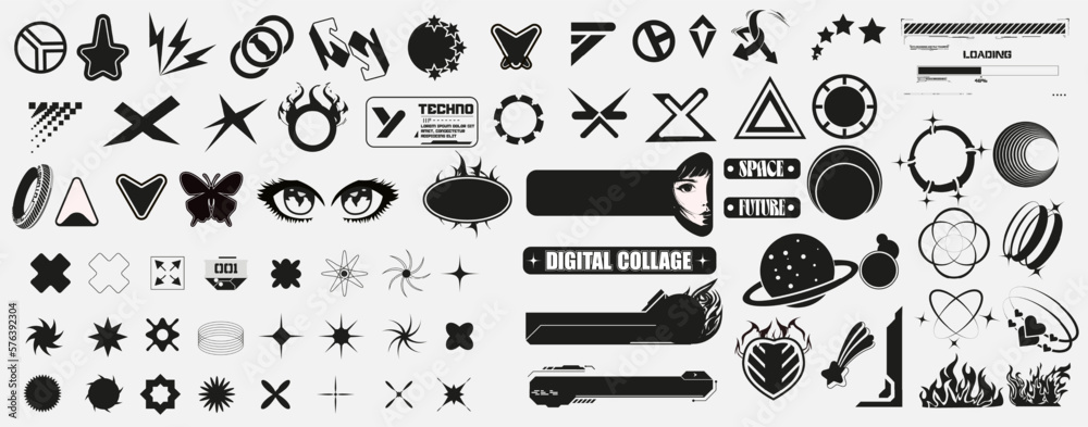 Poster vector graphic assets set. sticker in y2k style, retro futuristic graphic ornaments in isolated whit