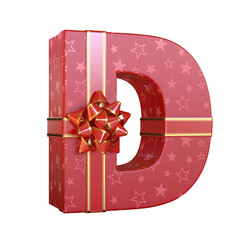 Gift box with red ribbon bow 3d font, present alphabet 3d rendering, letter D