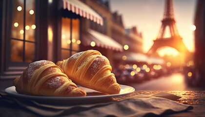 Delicious french croissants on romantic background of Eiffel tower, Paris. Based on Generative AI - obrazy, fototapety, plakaty