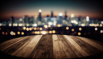Empty wooden table top above city light blurry background made with Generative AI
