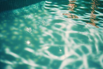 Close-up of summer pool water background, analog film photo concept, AI generated