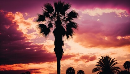 A vintage-looking palm tree with slender trunk and large leaves is silhouetted against a pastel-colored sunset sky. Tropical beach concept. AI generated