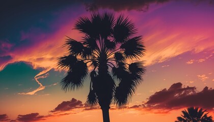 A vintage-looking palm tree with slender trunk and large leaves is silhouetted against a pastel-colored sunset sky. Tropical beach concept. AI generated