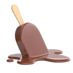 Chocolate ice cream on stick melting on white background 3d rendering