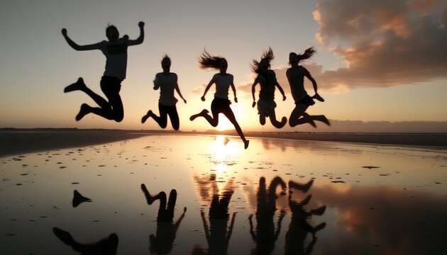 A group of young adults jumping into the ocean at sunset. The sky is a mix of warm oranges and pinks. AI generated