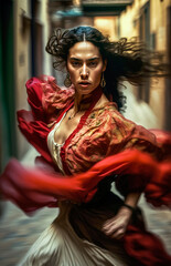 Generative AI illustration of Portrait of young girl in flamenco dress - obrazy, fototapety, plakaty