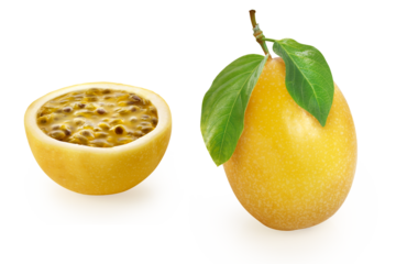 maracujá inteiro com folha e maracujá cortado com polpa - maracujás maduros