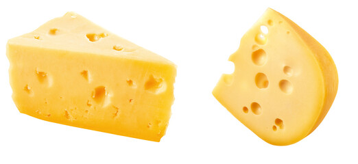 Dois pedaços de queijo com furos em fundo transparente 