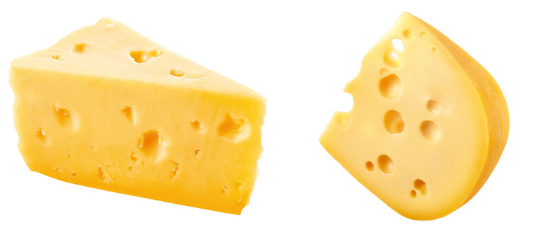 Dois peda&ccedil;os de queijo com furos em fundo transparente 