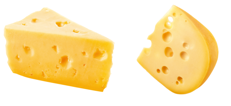 Dois pedaços de queijo com furos em fundo transparente 