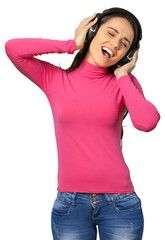 Young woman listening to music through headphones