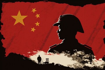 Illustration of a silhouette of an Chinese soldiers and Chinese flag, AI generated