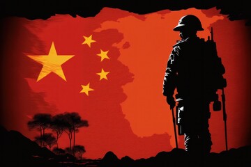 Illustration of a silhouette of an Chinese soldiers and Chinese flag, AI generated