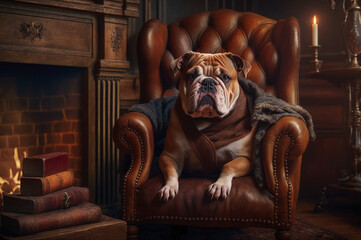 Bulldog in antique chair with fireplace and books