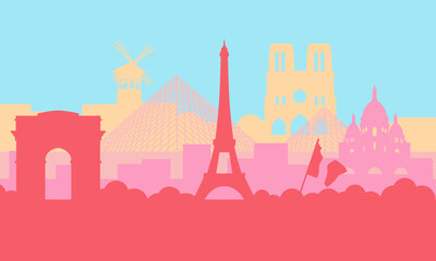 Illustration of france paris city silhouette with various buildings, monuments, tourist attractions