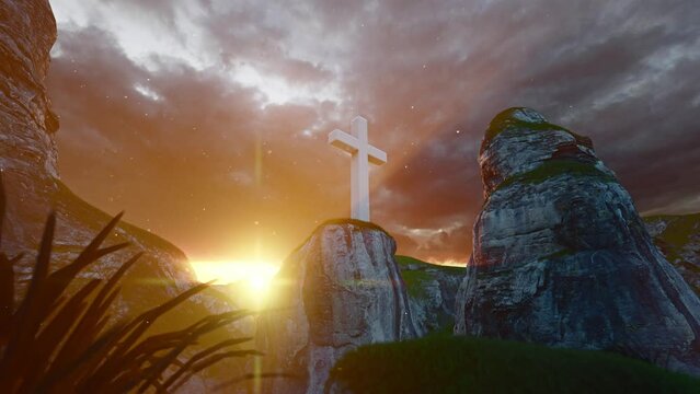 Christian cross in the glow of the sun, mountain landscape above the clouds. The Day of Jesus Christ resurrection on Golgotha in Jerusalem Easter. Professional Cinematic 4K 3d Animation.