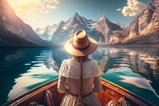 Girl back is sailing on a boat in mountain lake. Generative AI
