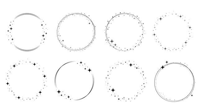 Circle star border frame set. Sparkle circle frame. Wreath round stardust border for party, birthday decor design. Laurel frame with cosmic glitter shine. Vector illustration.