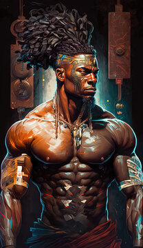 Afrofuturism digital painting of a bodybuilder. Created with Generative AI